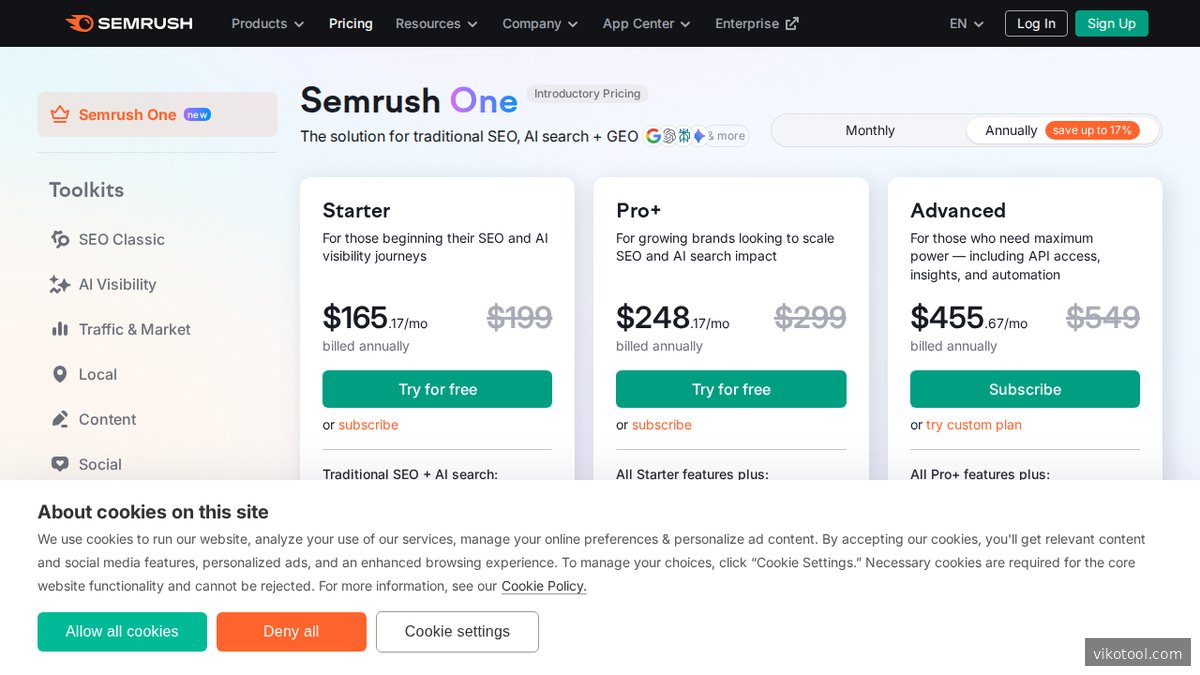Semrush Preisübersicht für SEO- und KI-Tracking-Funktionen