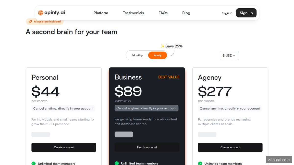 Screenshot of www.opinly.ai pricing page