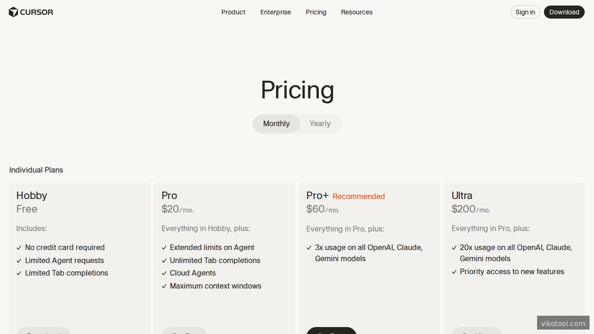 Screenshot of www.cursor.com pricing page