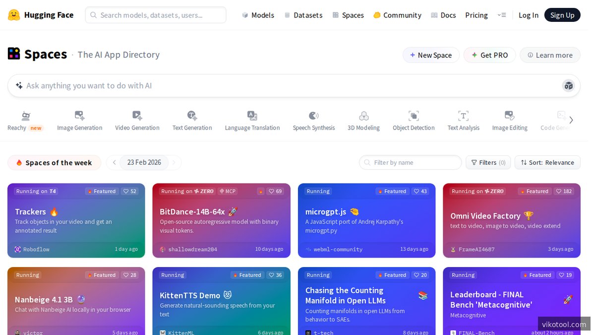 Startseite der Hugging Face Plattform mit Übersicht über Modelle, Datasets und Spaces