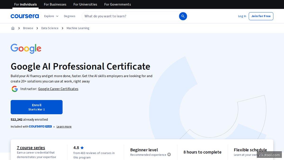 Screenshot der Coursera-Startseite mit dem Google AI Professional Certificate Angebot