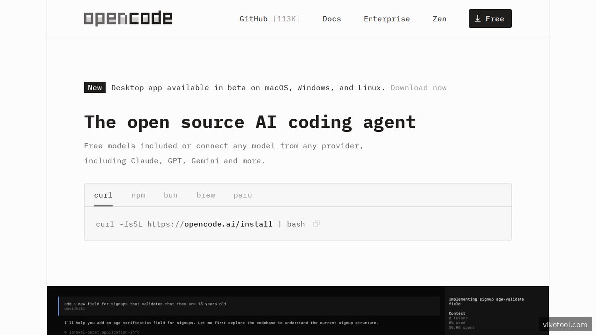 Screenshot der OpenCode-Startseite – die Open-Source-Alternative zu Claude Code