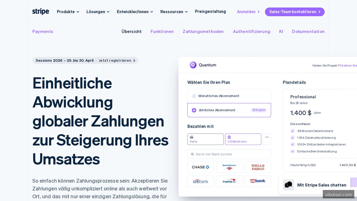 Stripe Features-Übersicht mit Zahlungs-APIs und Entwickler-Integrationen