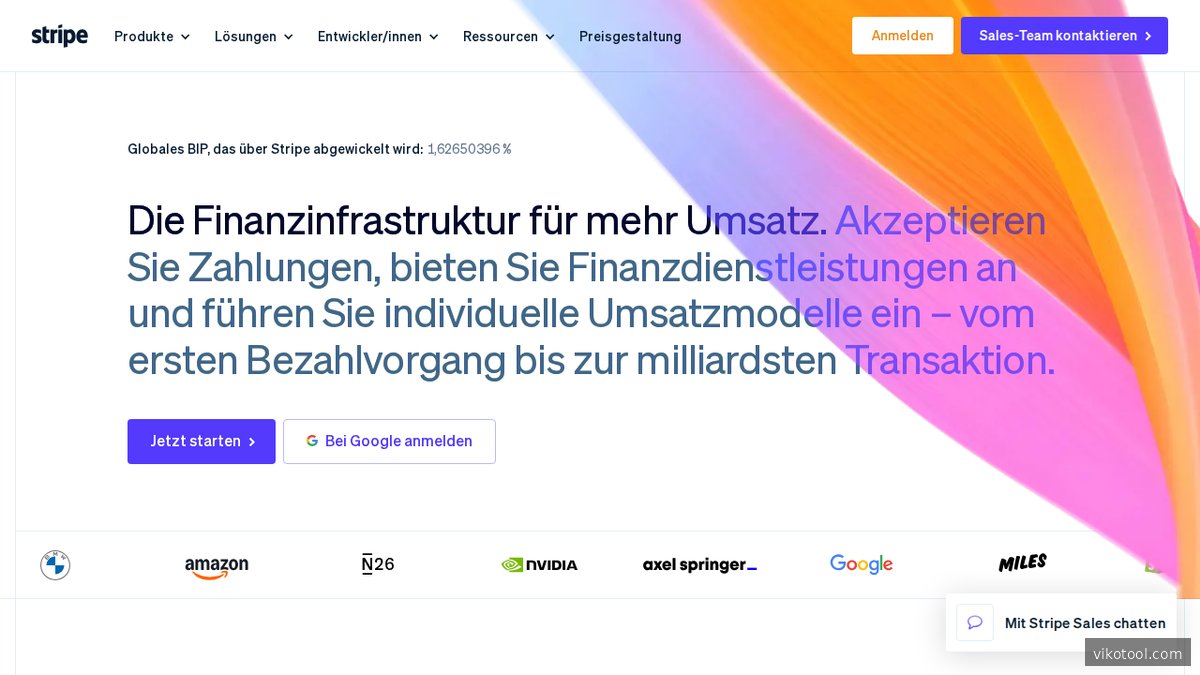 Stripe Startseite mit Überblick über die Zahlungsinfrastruktur für Entwickler