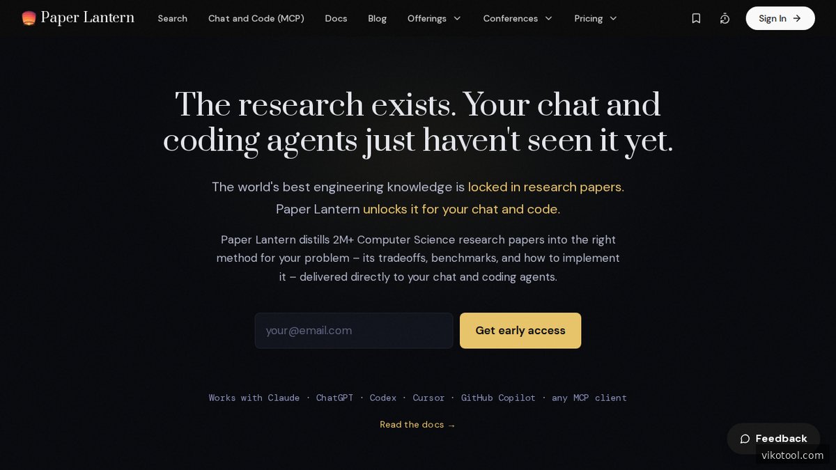 Homepage von Paper Lantern, dem kostenlosen MCP-Server für den Zugriff auf über 2 Millionen CS-Forschungsarbeiten
