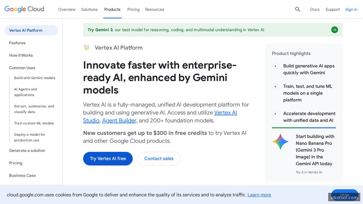 Google Cloud - Homepage der Enterprise KI-Plattform mit Vertex AI für benutzerdefinierte Modell-Deployments