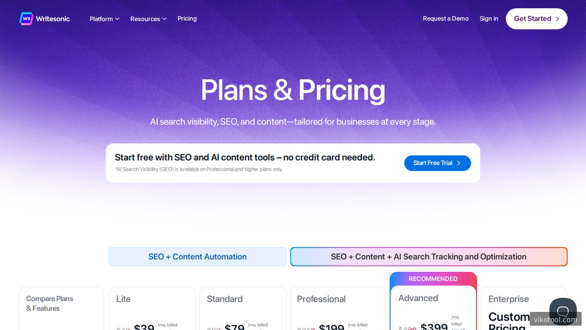 Screenshot of www.writesonic.com pricing page