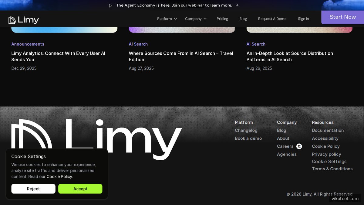LimyAI Homepage – Plattform zum Tracking von LLM- und KI-Such-Traffic für Unternehmen