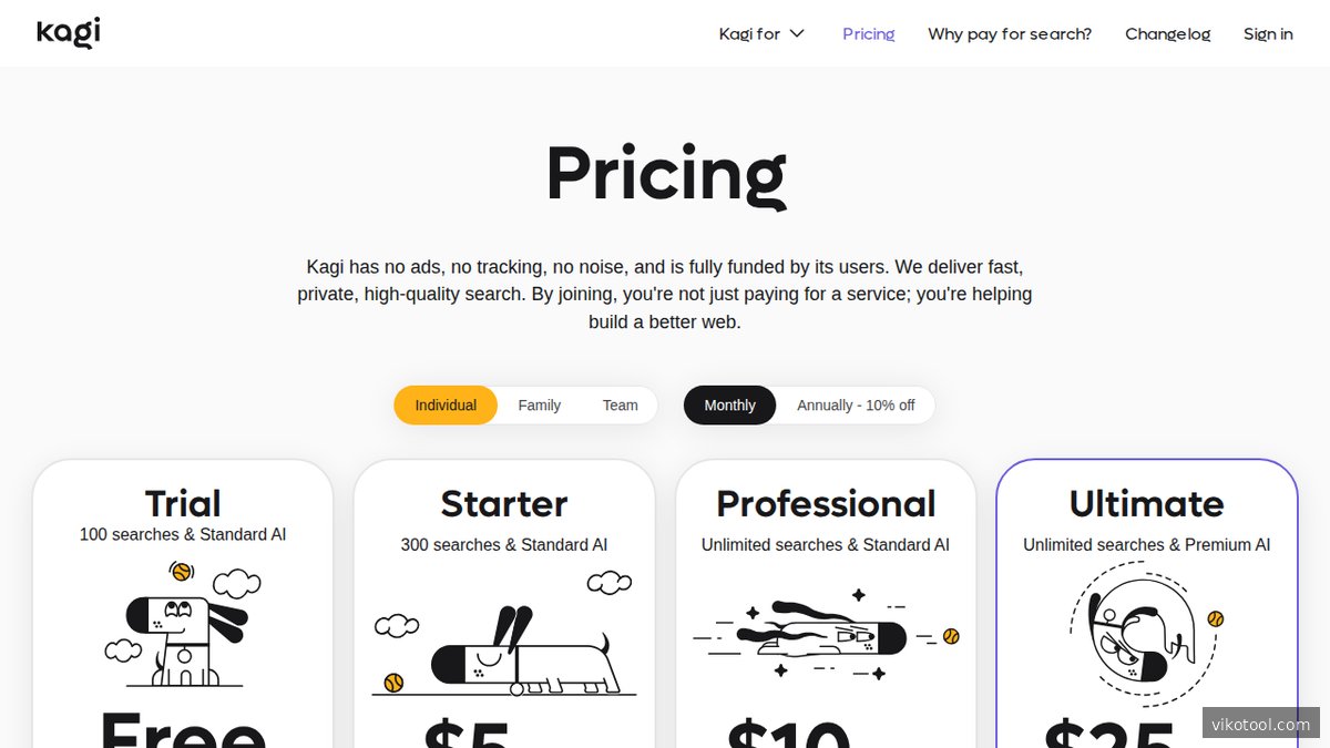 Kagi Preisübersicht für das abo-basierte Suchmaschinen-Modell