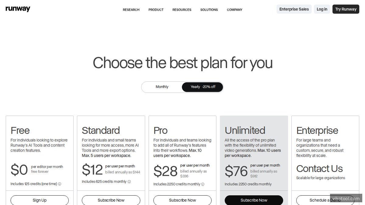 Screenshot of runwayml.com pricing page
