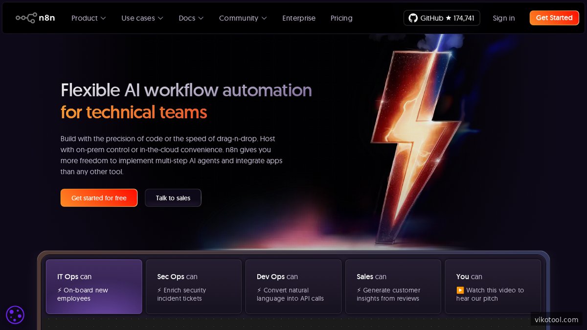 Screenshot der n8n.io Startseite mit Überblick über die Workflow-Automatisierungsplattform