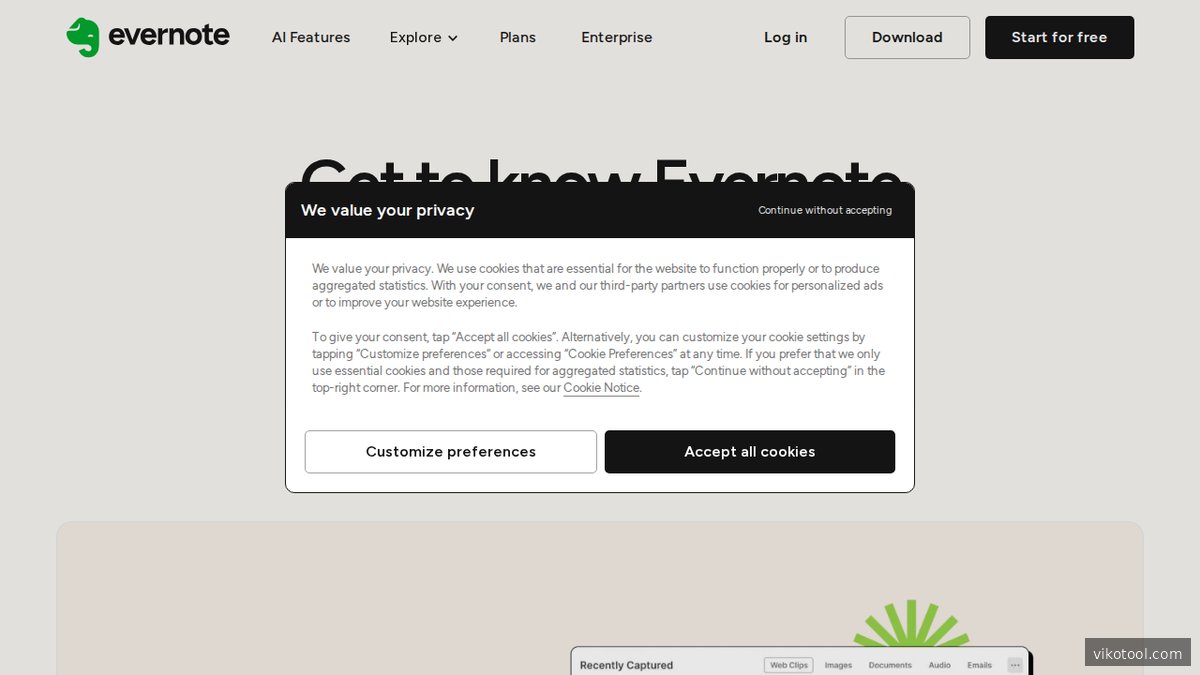Screenshot der Evernote Features-Seite mit KI-Funktionen und Notiz-Verwaltung