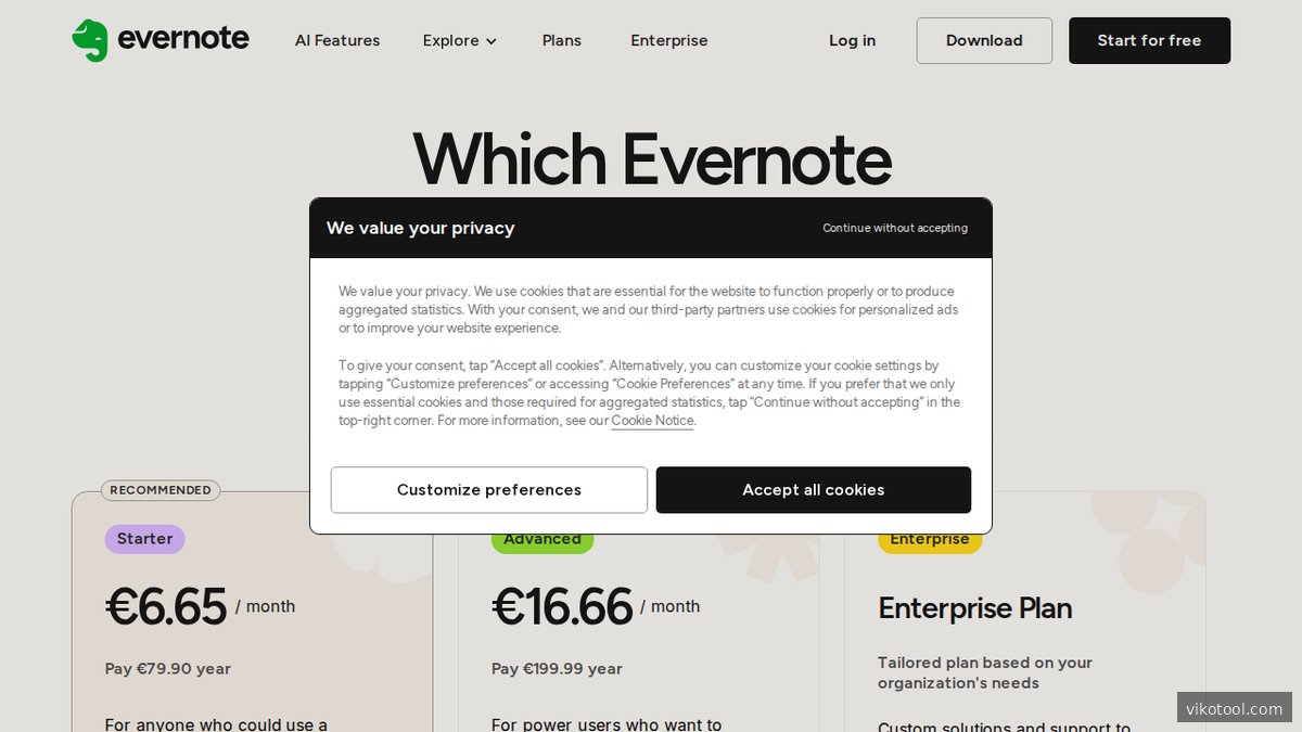 Screenshot der Evernote Preisseite mit Plan-Übersicht