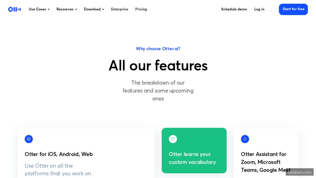 Screenshot der Otter.ai Features-Seite mit KI-Funktionen im Überblick
