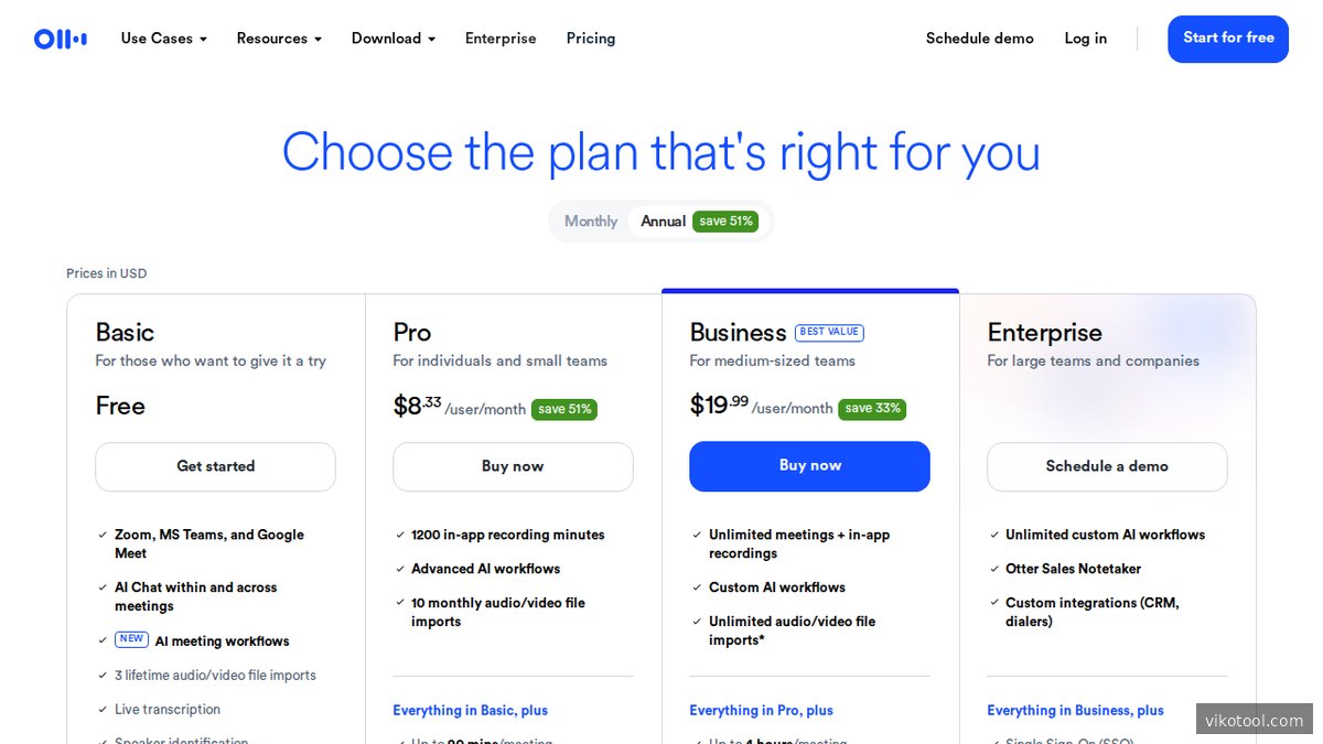 Screenshot der Otter.ai Preisseite mit Abonnement-Optionen