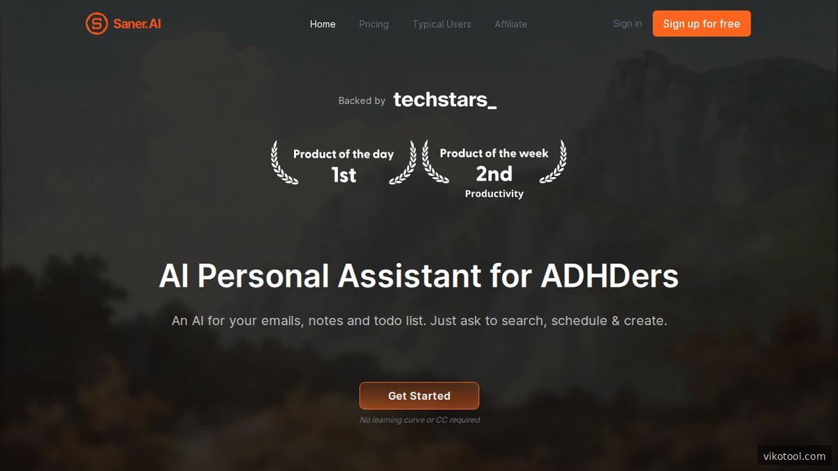 Screenshot der Saner.ai Startseite mit KI-gestütztem Task-Management